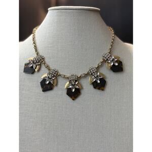 J.Crew Gold Tone Tortoiseshell Rhinestone Statement Necklace Floral Drops